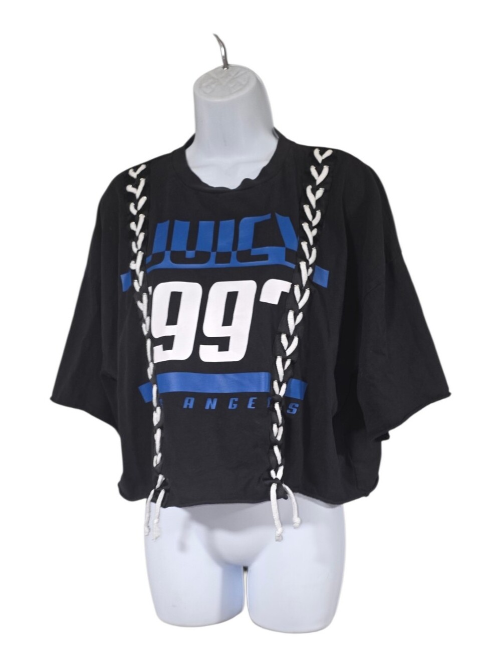 Juicy Couture Black Lace-Up Graphic Crop Top Jersey Tee Size Large